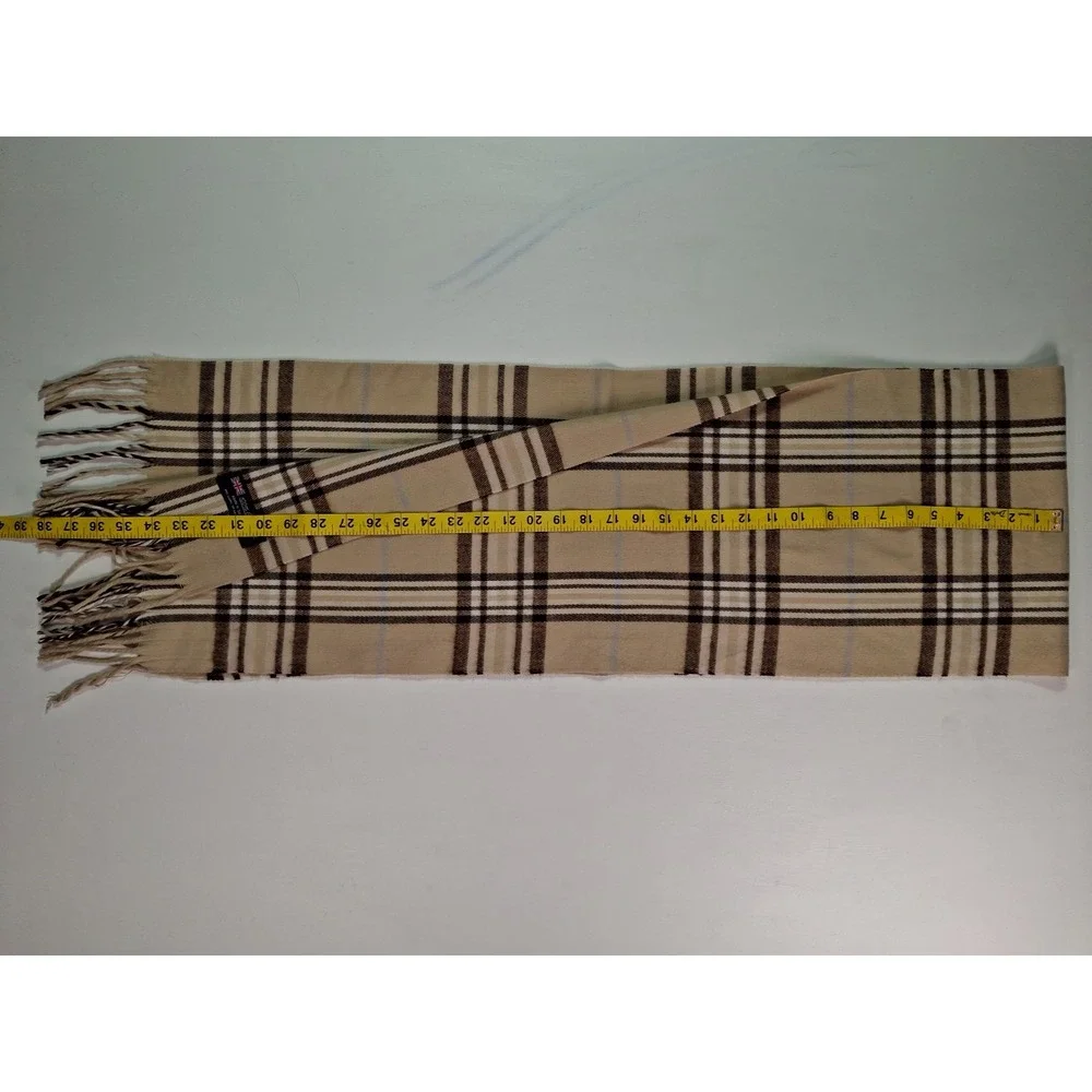 100% Cashmere Scarf Made in Scotland Tan Brown Plaid Check Fringe Winter Wrap